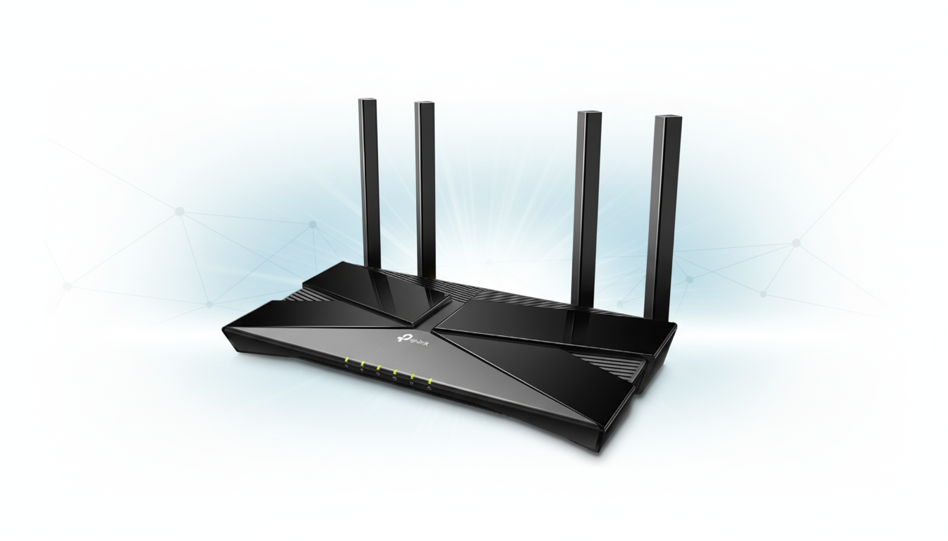 A black TP-Link Wi-Fi 6 router with four antennas and green indicator lights, presented on a professional flat design background with soft blue gradients and subtle network patterns.