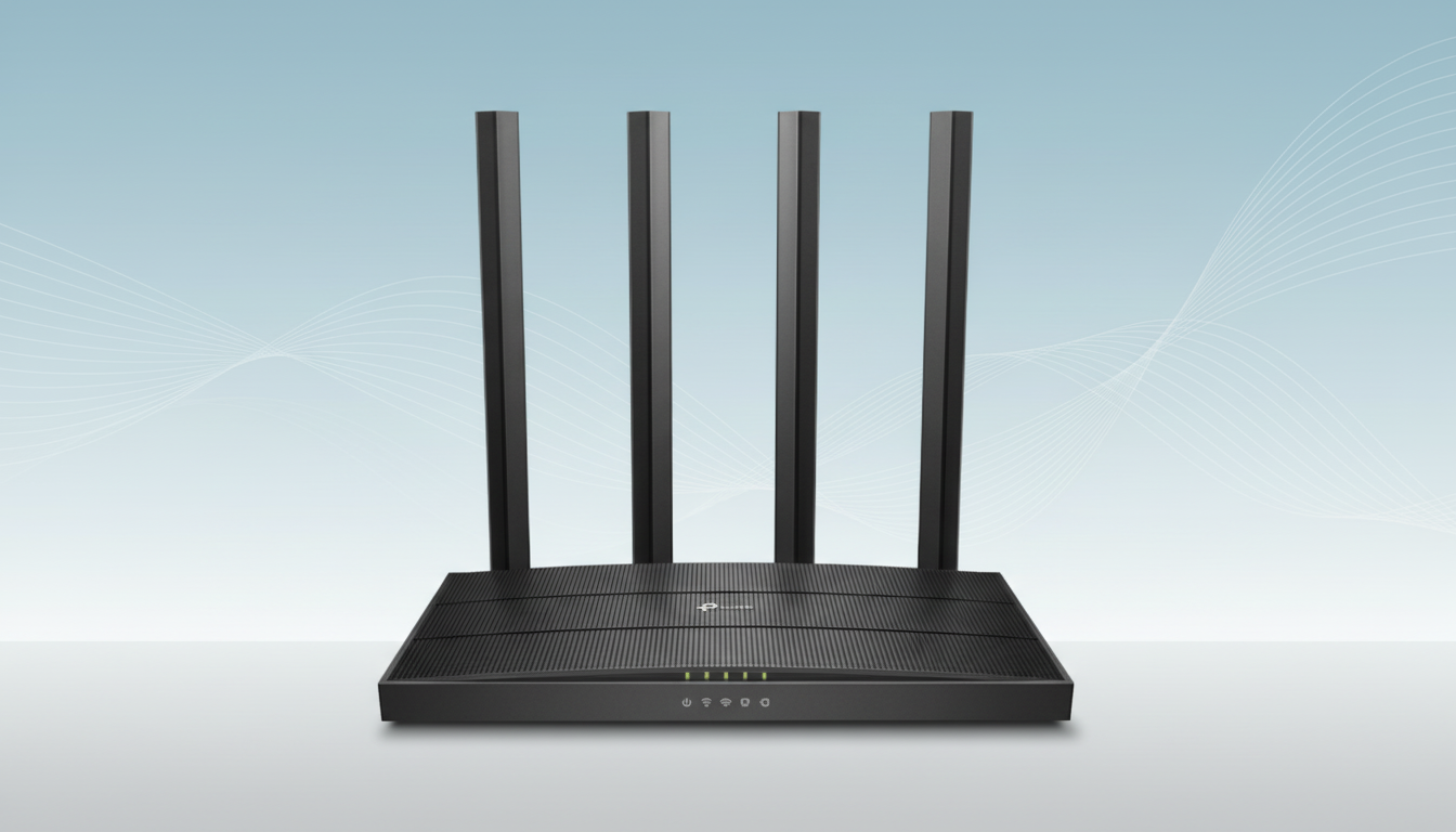 A black TP-Link Archer C4000 router with four antennas, presented on a professional flat design background with soft blue and white gradients and subtle wave patterns.