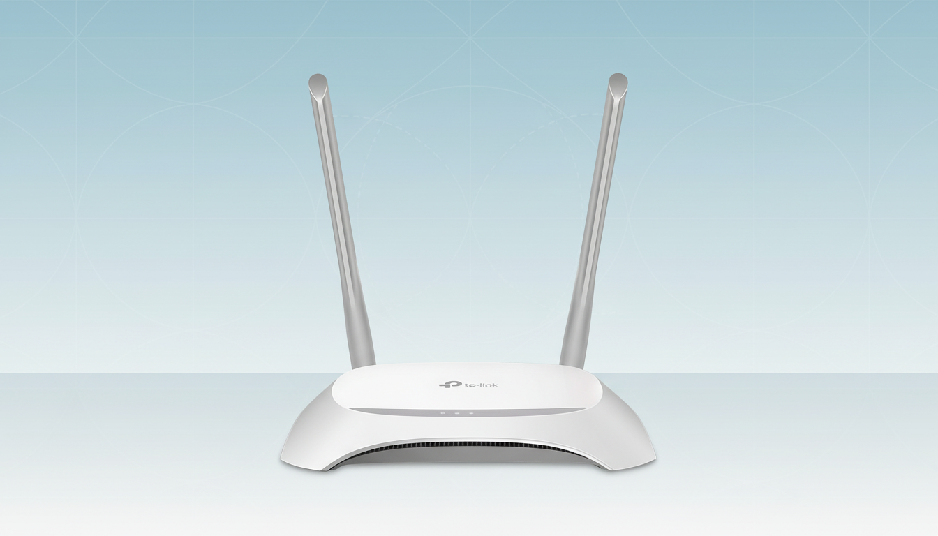 A white TP-Link wireless router with two antennas, presented on a light blue background with subtle geometric patterns.