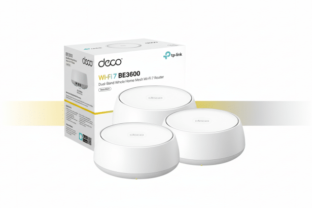 Three white TP-Link Deco BE360 0 Wi-Fi 7 routers with their product box, professionally displayed on a soft gradient background.