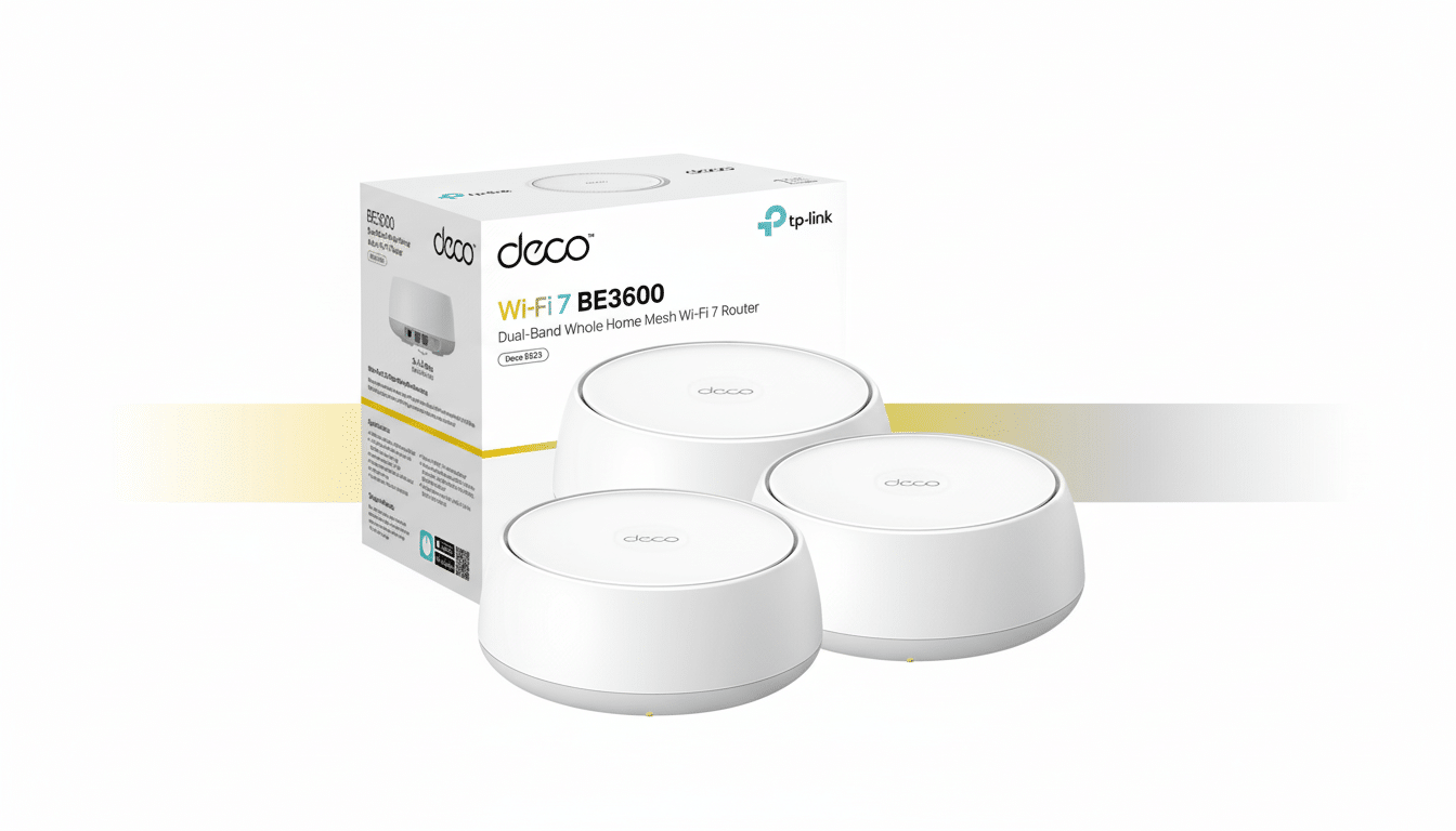 Three white TP-Link Deco BE360 0 Wi-Fi 7 routers with their product box, professionally displayed on a soft gradient background.