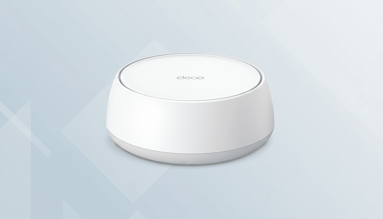 A white TP- Link Deco mesh Wi -Fi system unit with a deco logo on top, featuring a professional flat design background with soft gray and white geometric patterns. Filename : tplink decowifi unit .png