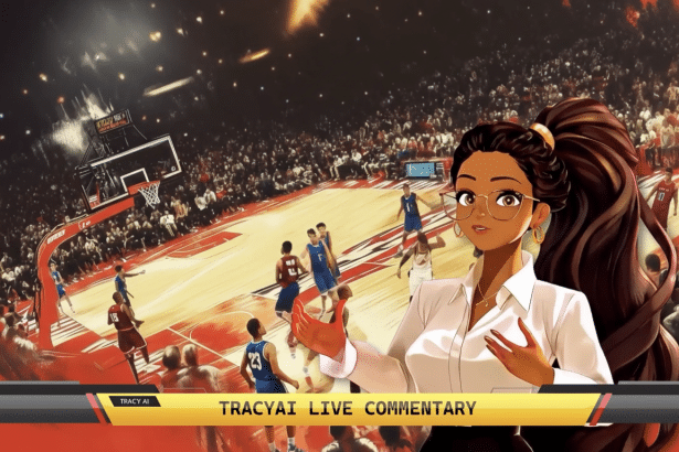 An animated female commentator in a white shirt and glasses, with long brown hair, speaking in front of a live basketball game with TRACYAI LIVE COMMENTARY displayed at the bottom.