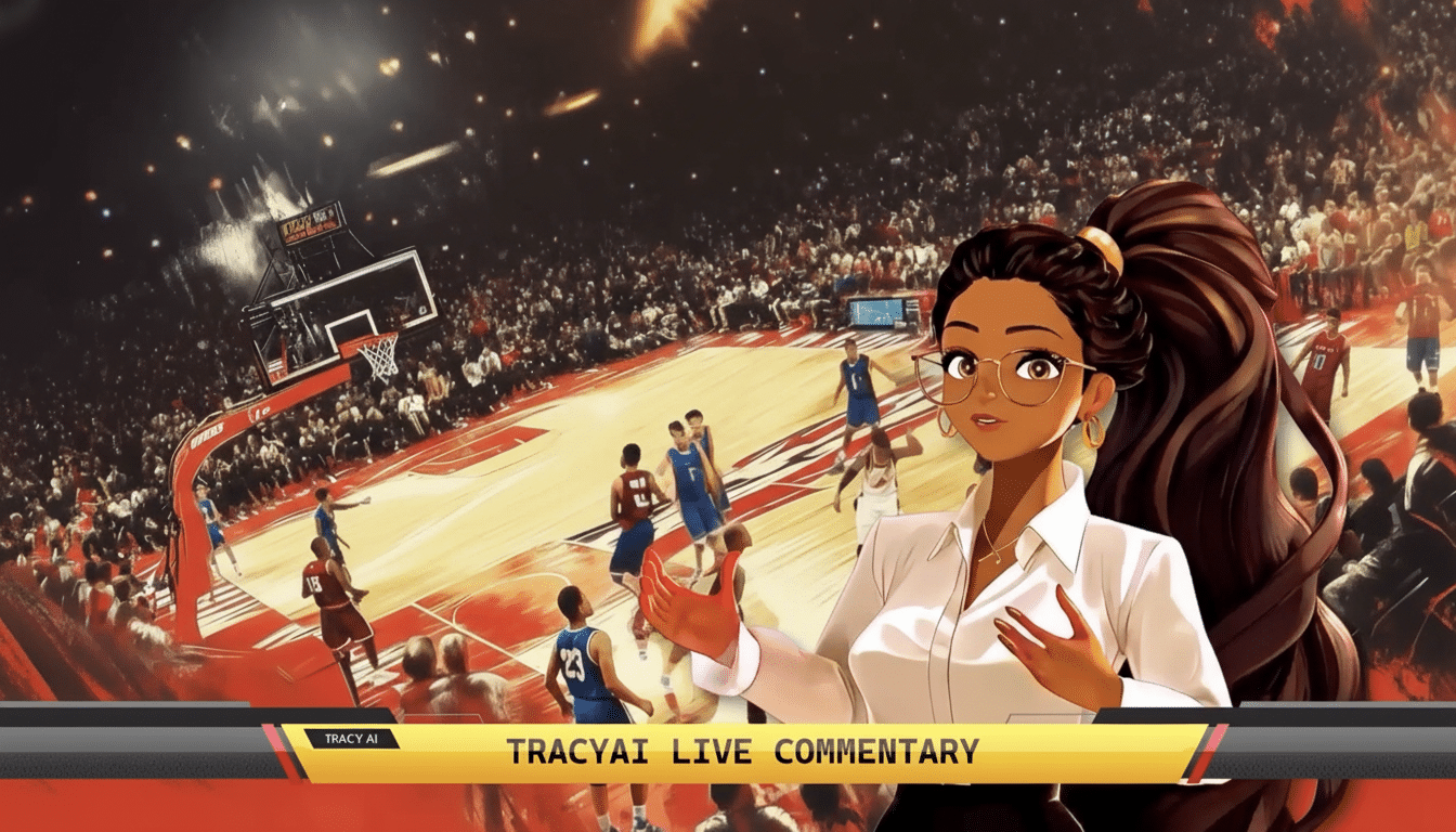 An animated female commentator in a white shirt and glasses, with long brown hair, speaking in front of a live basketball game with TRACYAI LIVE COMMENTARY displayed at the bottom.