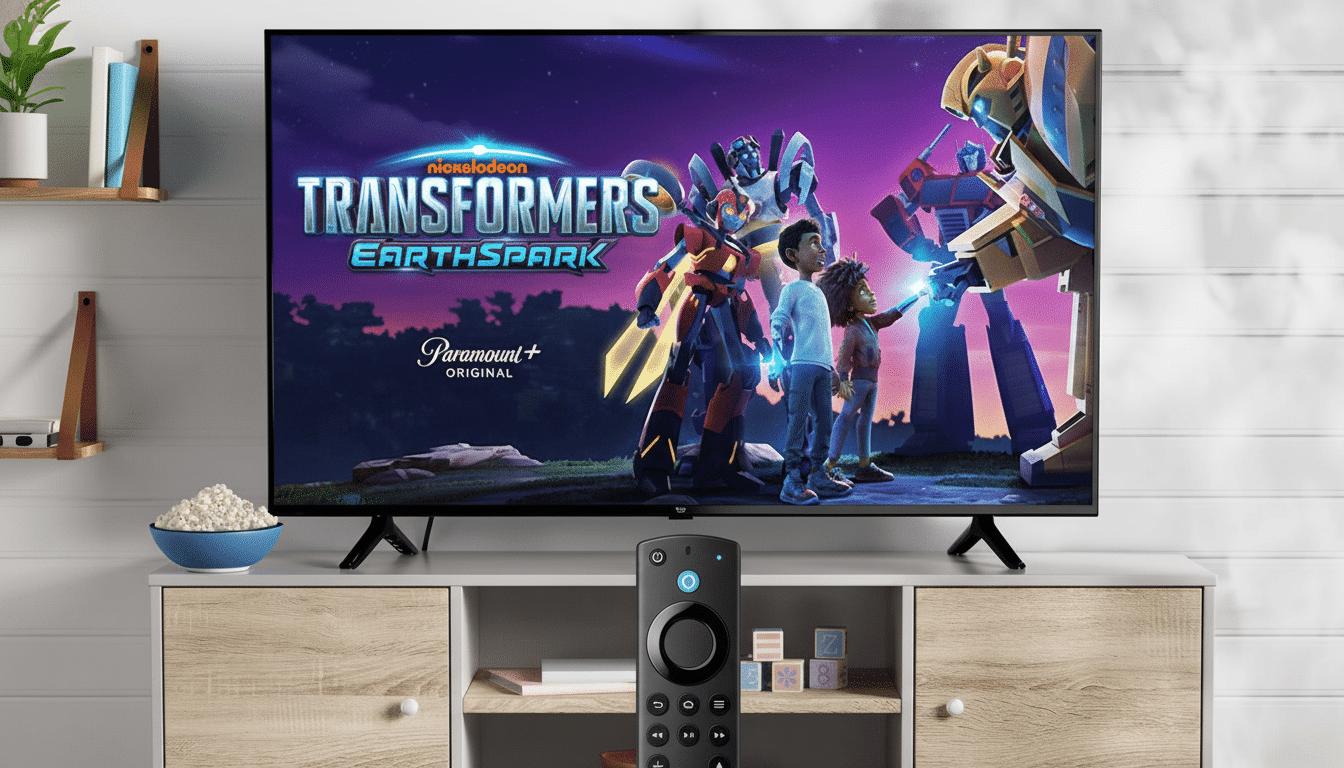 A modern television displaying the Transformers Earth spark show, with a black remote control in the foreground.