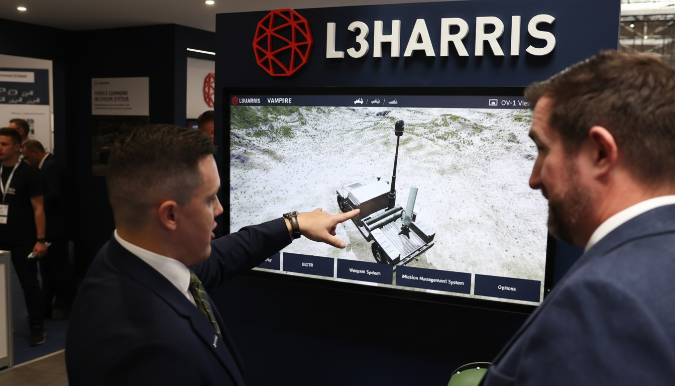 Two men in suits looking at a large screen displaying a 3D model of a military vehicle, with one man pointing at the screen. The screen has the L3Harris logo at the top.