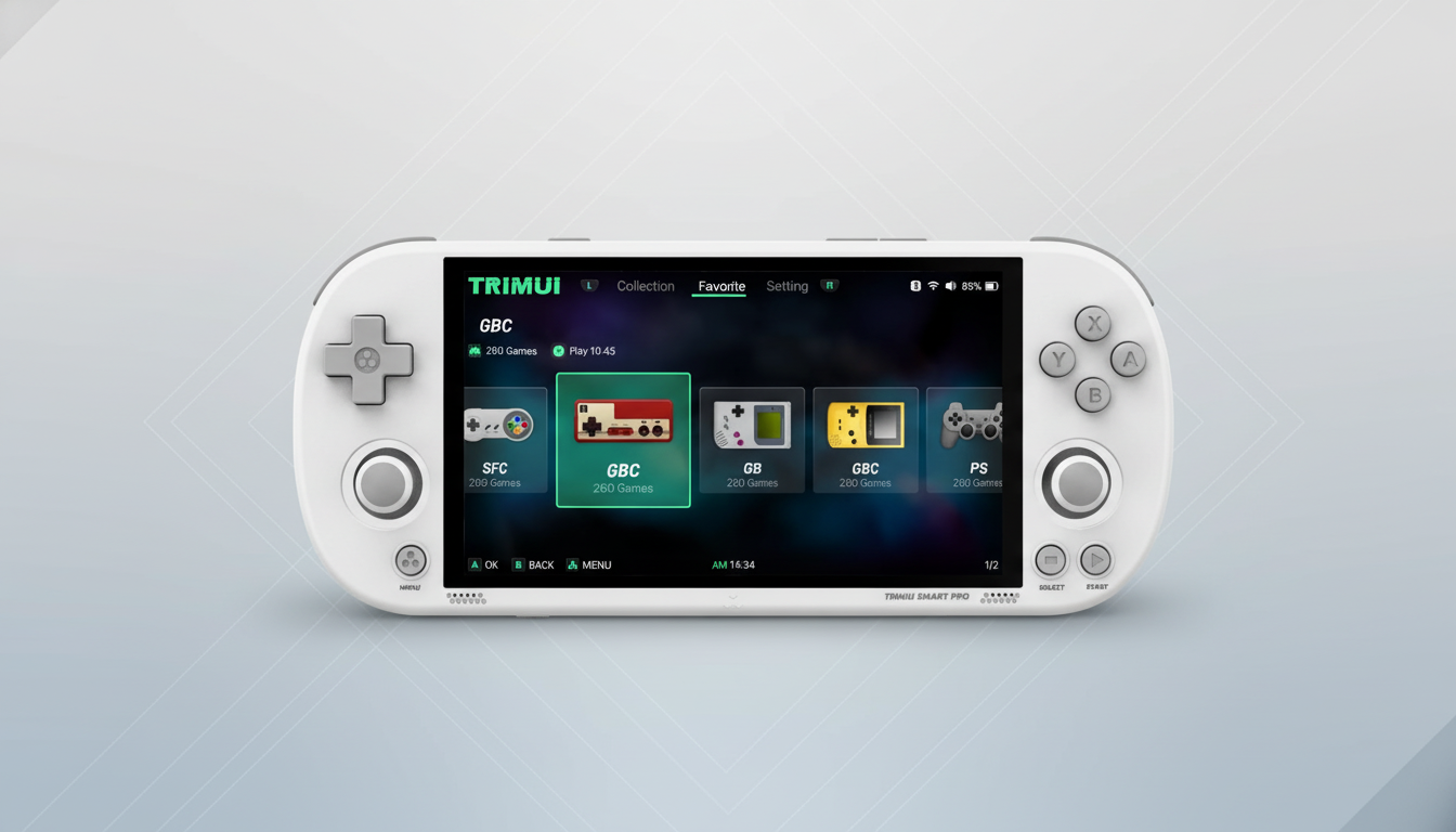 A white Trimui Smart Pro handheld gaming console with a dark interface showing game selections, presented on a professional flat gray background with a subtle pattern.