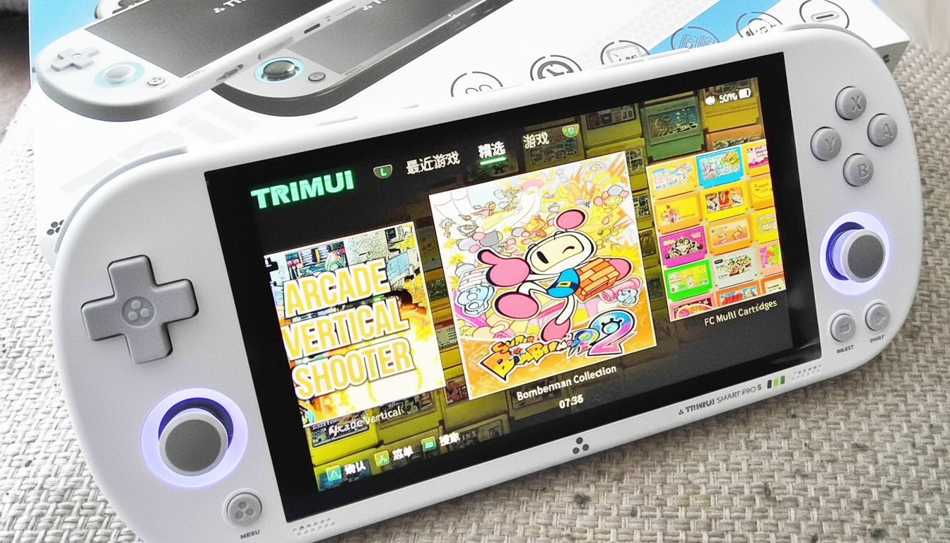 A white TRIMUI Smart Pro S handheld gaming console displaying a game selection screen, with Bomberman Collection highlighted.