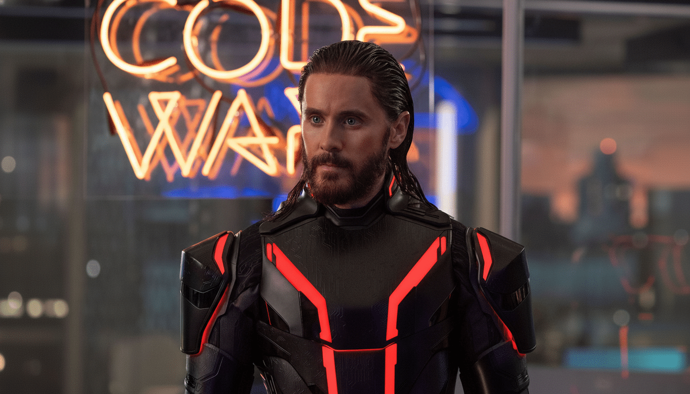 Jared Let o as Morbius in a black and red suit, looking thoughtfully with a neon sign in the background.