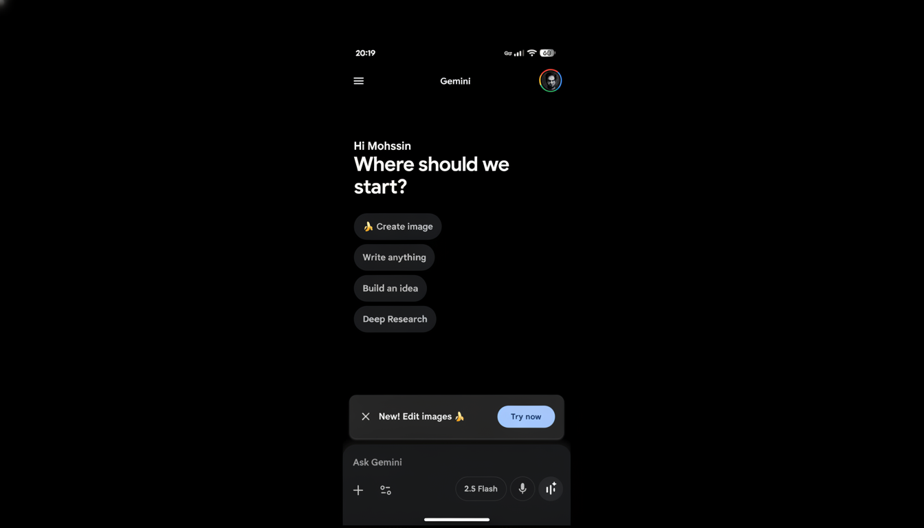 A screenshot of the Gemini app interface, resized to a 16:9 aspect ratio, showing a dark theme with options like Create image, Write anything, Build an idea, and Deep Research. A new Edit images feature is highlighted at the bottom.