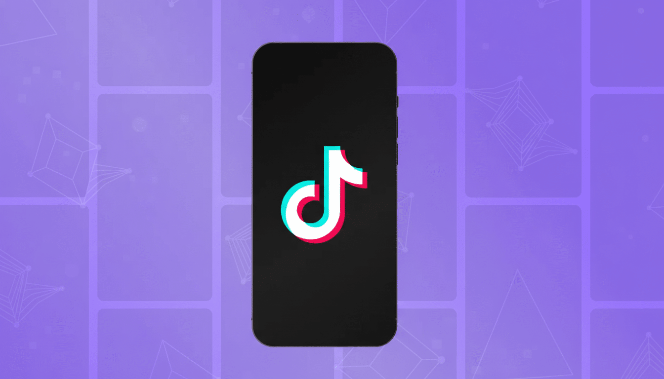 A professional depiction of a smartphone displaying the TikTok logo on its screen, set against a purple background with subtle geometric patterns, resized to a 16:9 aspect ratio.
