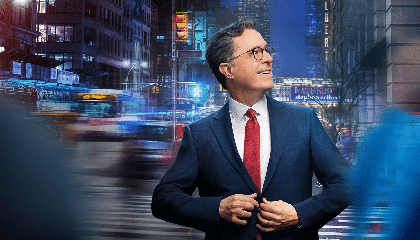 Stephen Colbert in a suit and red tie, looking up and to the right , in a cityscape with blurred lights .