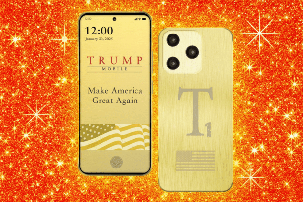 Two golden - colored devices, one a smartphone displaying TRUMP MOBILE Make America Great Again and a waving American flag, and the other a matching phone case with a ' T' and an American flag, set against a sparkling orange background. Filename : trumpmobile devices. png