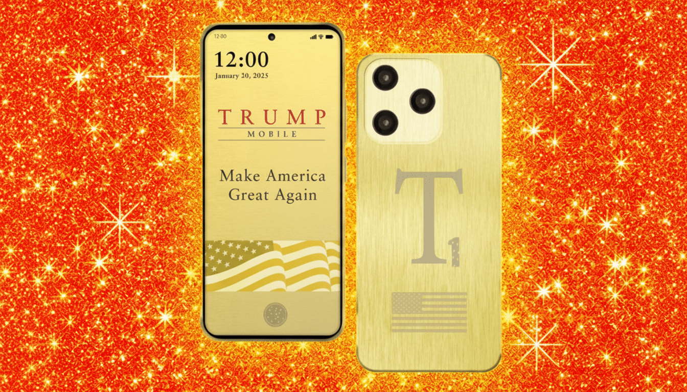 Two golden - colored devices, one a smartphone displaying TRUMP MOBILE Make America Great Again and a waving American flag, and the other a matching phone case with a ' T' and an American flag, set against a sparkling orange background. Filename : trumpmobile devices. png