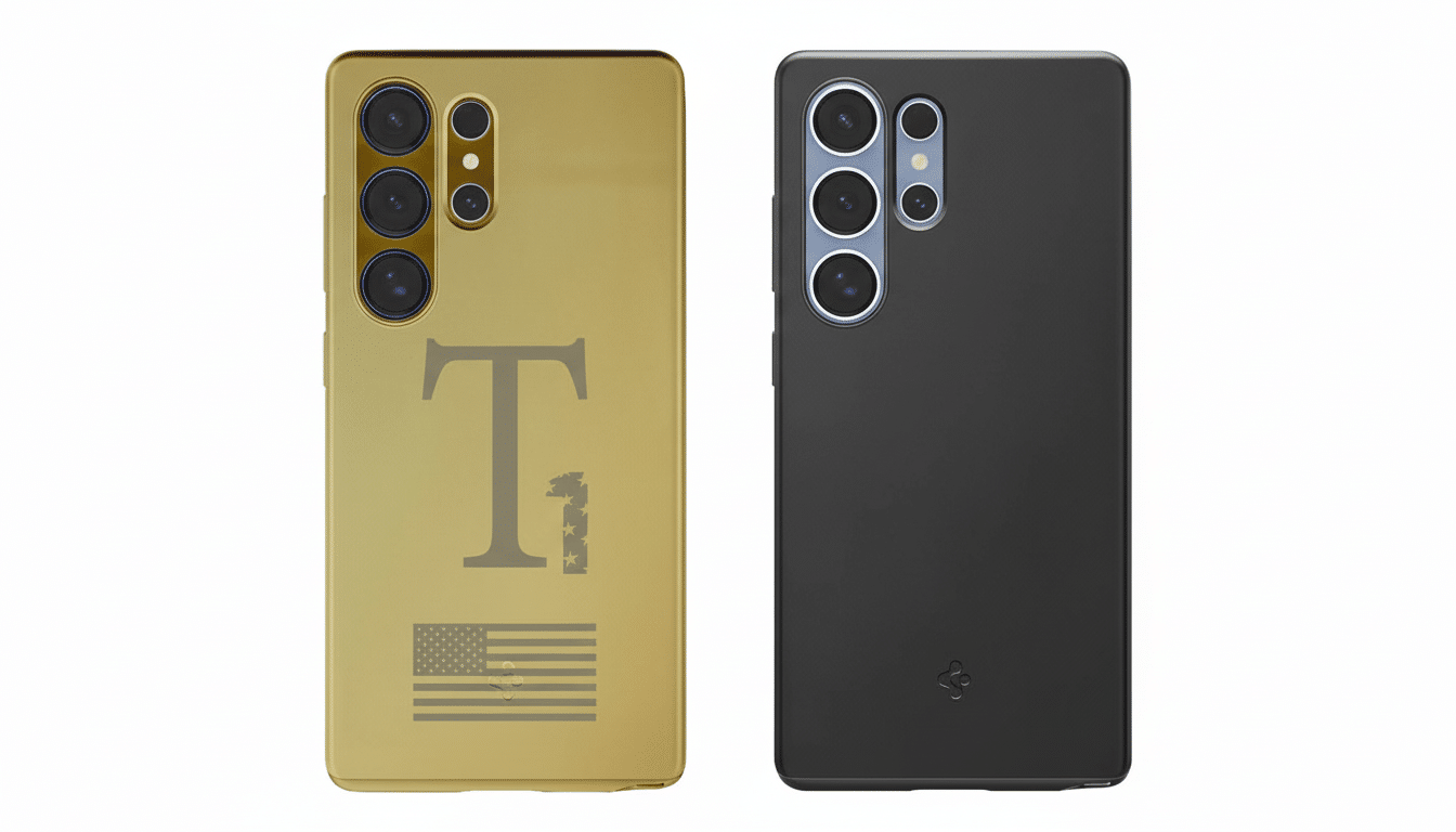 ** A gold smartphone case with a  T and American flag engraving next to a plain black smartphone case. **