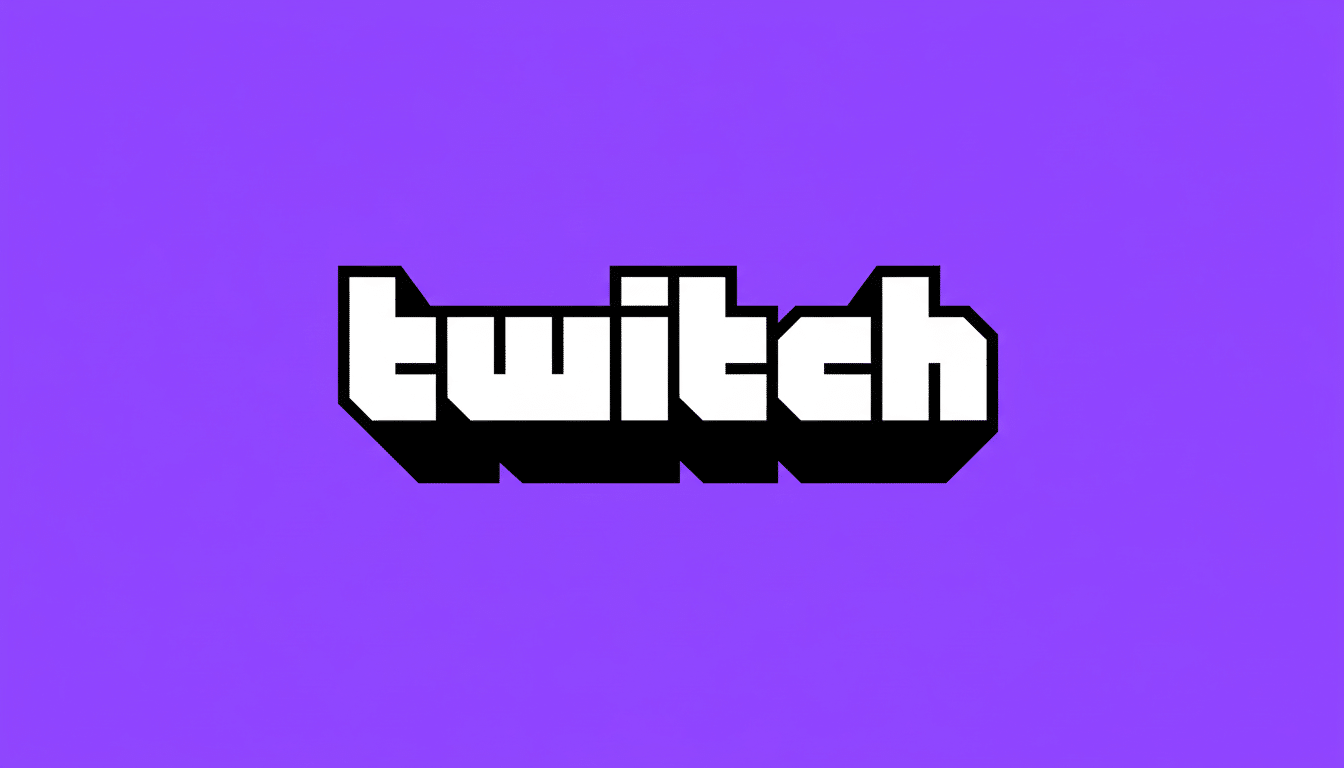 The Twitch logo, displaying the word twitch in white block letters with a black drop shadow, against a solid purple background, resized to a 16: 9 asp