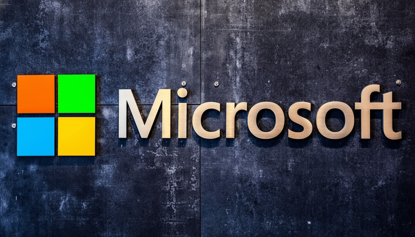 The Microsoft logo with its colorful squares and word mark on a dark, textured background, resized to a 16: 9 aspect ratio.