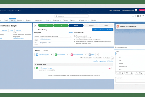 A professional screenshot of a CRM software interface with Mr. David Ad elson (Sample) contact details displayed, along with activity logs , status updates, and a pop -up window for creating a Nou vel événement ( New Event).