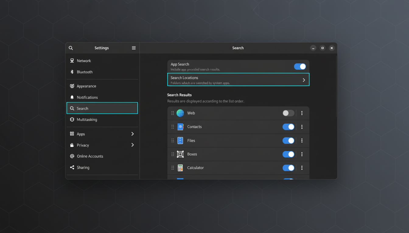 A screenshot of a dark-themed settings window with Search selected in the left sidebar, displaying search options and results on the right.