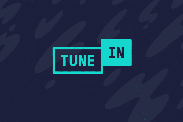 A professional flat design image with a dark blue background and subtle wave patterns. The words TUNE IN are centrally displayed in a stylized manner ; TUNE is enclosed in a bright teal rectangular outline , and IN is in a solid bright teal rectangle .