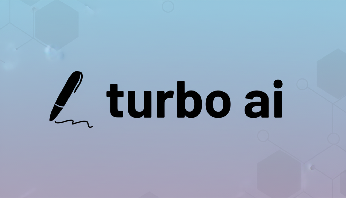 The turbo ai logo, featuring a black pen icon drawing a line, with the text turbo ai in black, set against a professional flat design background with soft blue and purple gradients and subtle hexagonal patterns.