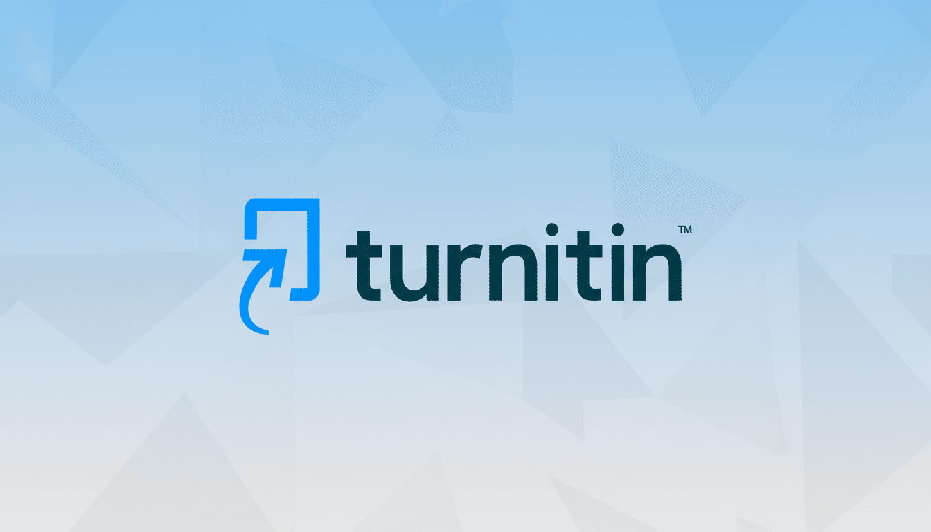 ** The Turn itin logo featuring a blue icon of a square with an arrow curving into it, next to the word turnitin in dark teal, all set against a professional light blue and white gradient background with subtle geometric patterns. **