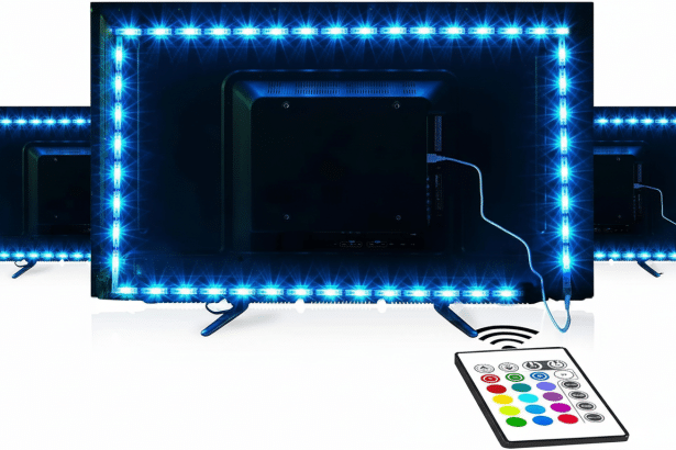 The back of a black flat -screen television with blue LED strip lights outlining its edges, connected to a power source, with a white remote control f