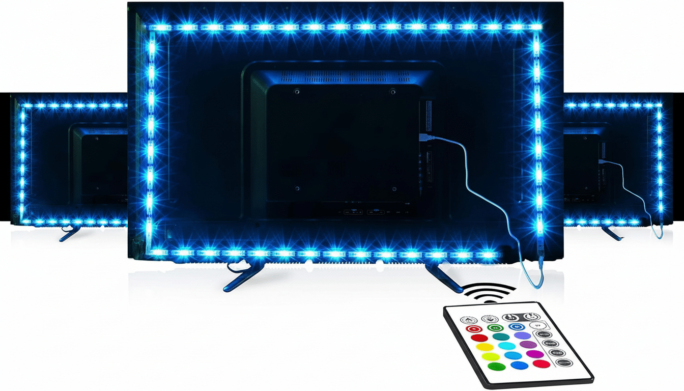 The back of a black flat -screen television with blue LED strip lights outlining its edges, connected to a power source, with a white remote control f