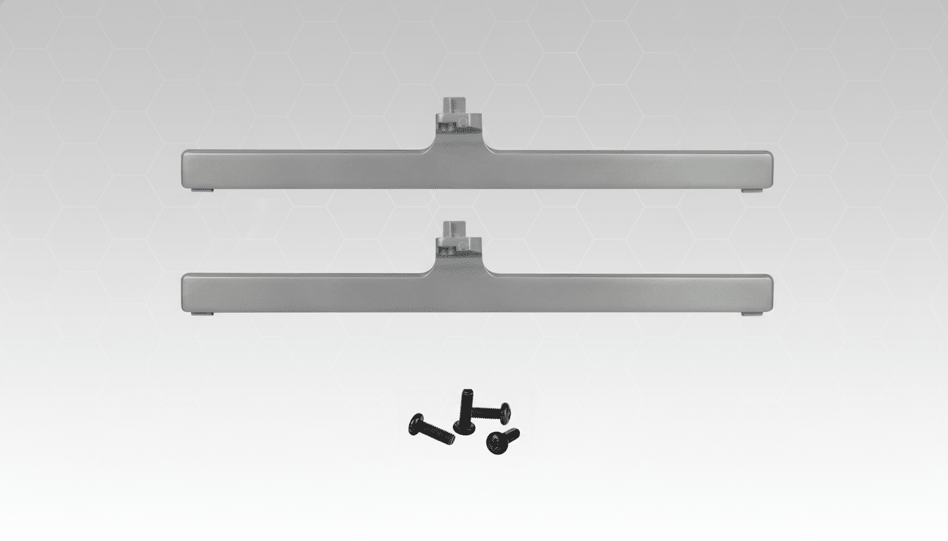 The two silver television stand feet and four black screws are set against a professional background
