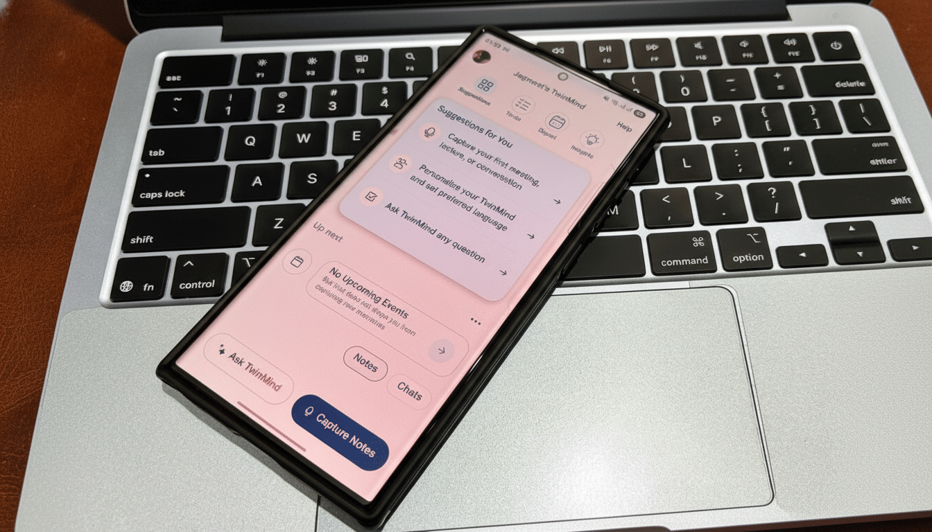 A smartphone displaying the TwinMind app interface, resting on a laptop keyboard.