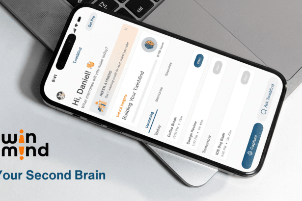 A smartphone displaying the TwinMind app interface, positioned on a laptop. The app shows a Hi, Daniel! greeting, a REFER A FRIEND section, and an Upc