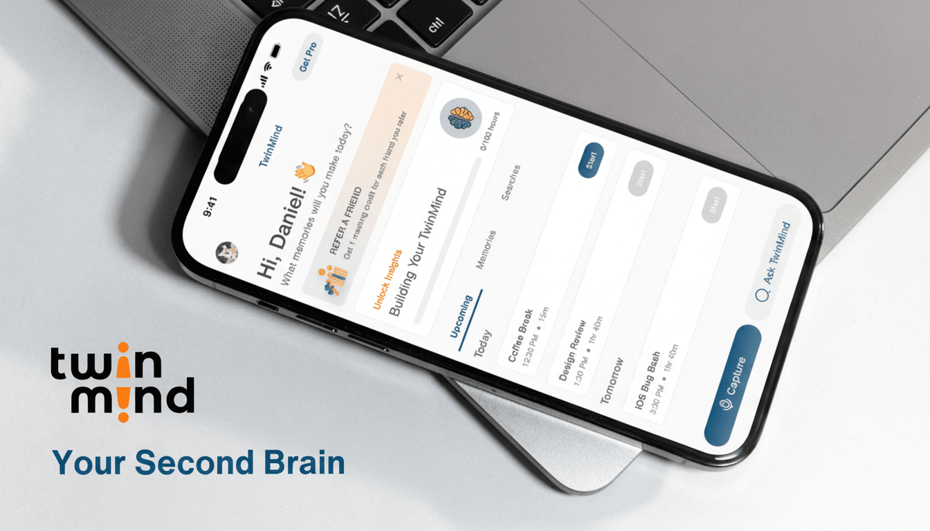 A smartphone displaying the TwinMind app interface, positioned on a laptop. The app shows a Hi, Daniel! greeting, a REFER A FRIEND section, and an Upc