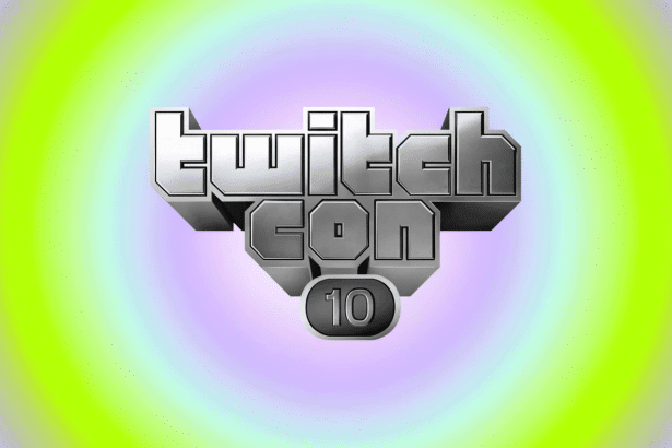 The TwitchCon 10 logo, rendered in a shiny 3D metallic style, centered on a background featuring a professional flat design with a soft radial gradient in shades of lime green and light purple.