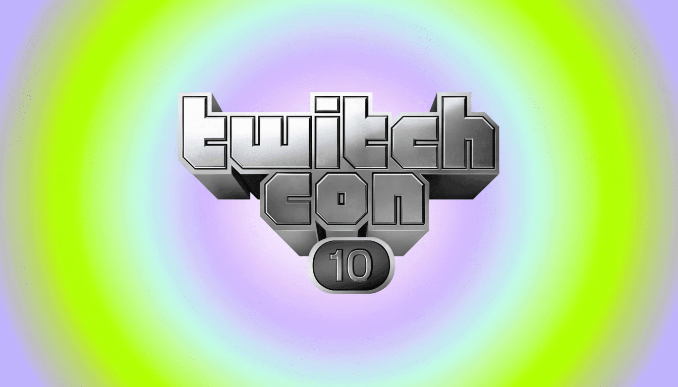 The TwitchCon 10 logo, rendered in a shiny 3D metallic style, centered on a background featuring a professional flat design with a soft radial gradient in shades of lime green and light purple.