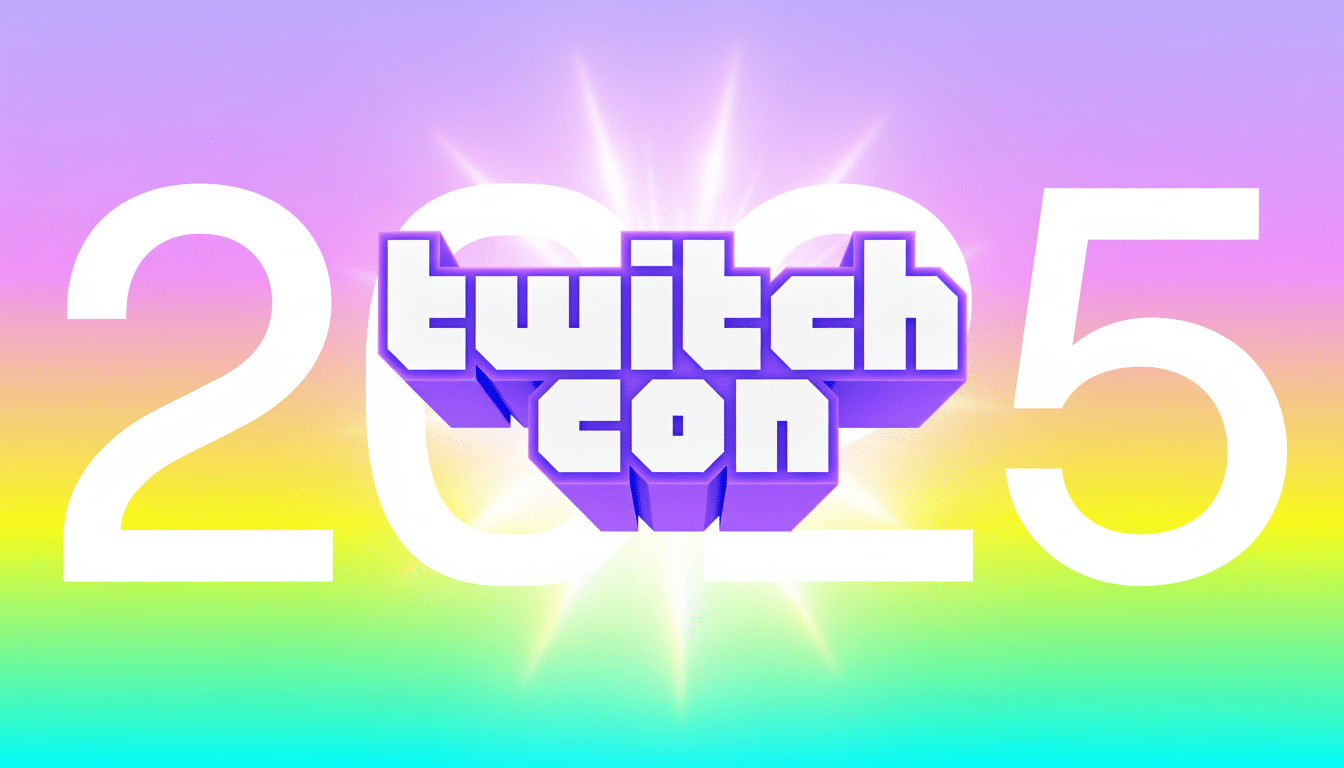 TwitchCon 202 5 logo with large white numbers 2025 framing a 3D purple and white twitch con logo on a vibrant gradient background.