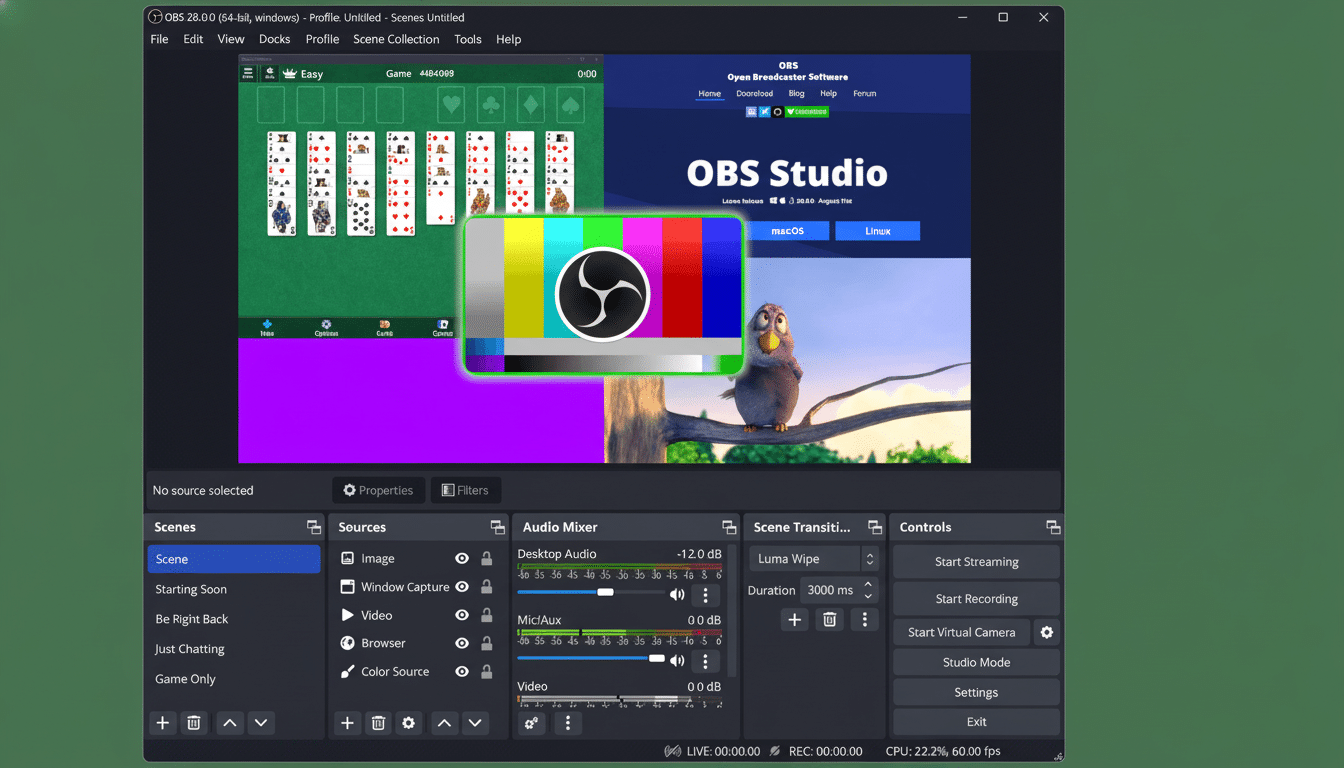 OBS Studio interface displaying a solitaire game, a browser window for OBS Studio, a color bars test pattern with the OBS logo, and a bird character from a game or animation, all within a 16:9 aspect ratio.