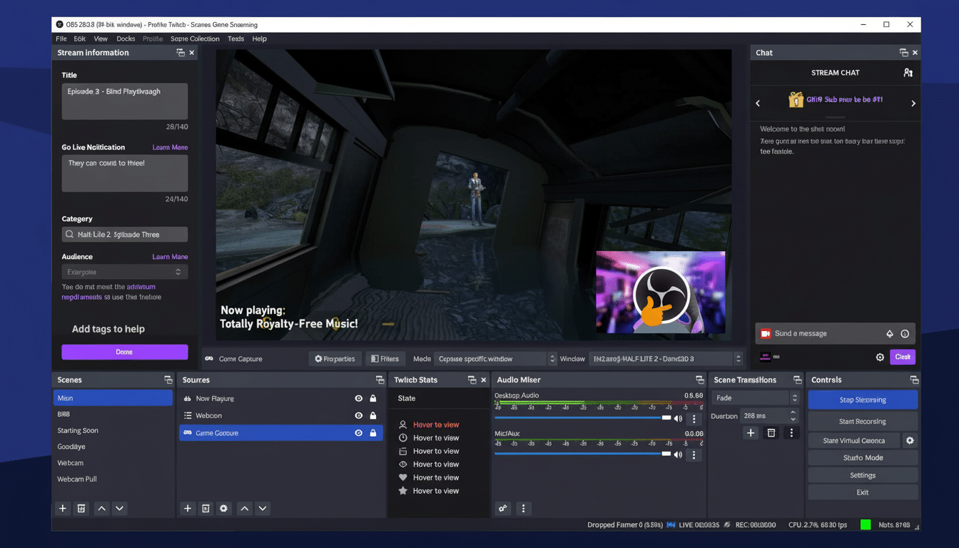 ** A screenshot of OBS Studio with a Half -Life 2 game capture, showing streaming settings, audio mixer , and Twitch chat . **Filename :** obsstudio gamestreaming . png