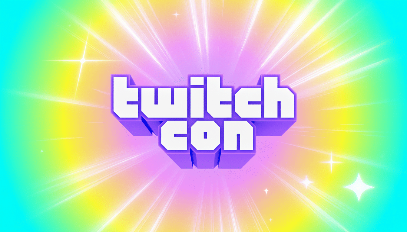 The TwitchCon logo in 3 D purple letters against a vibrant , star burst background of pink, yellow, and blue, resized to a 1 6:9 aspect ratio. Filename : twitchcon logo1 6x 9. png