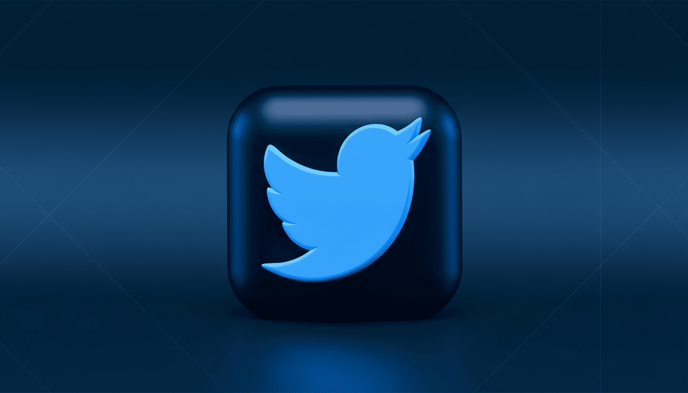 The Twitter bird logo, light blue against a dark blue background , is centered on a black rounded square. The background has subtle dark blue lines in a grid pattern.