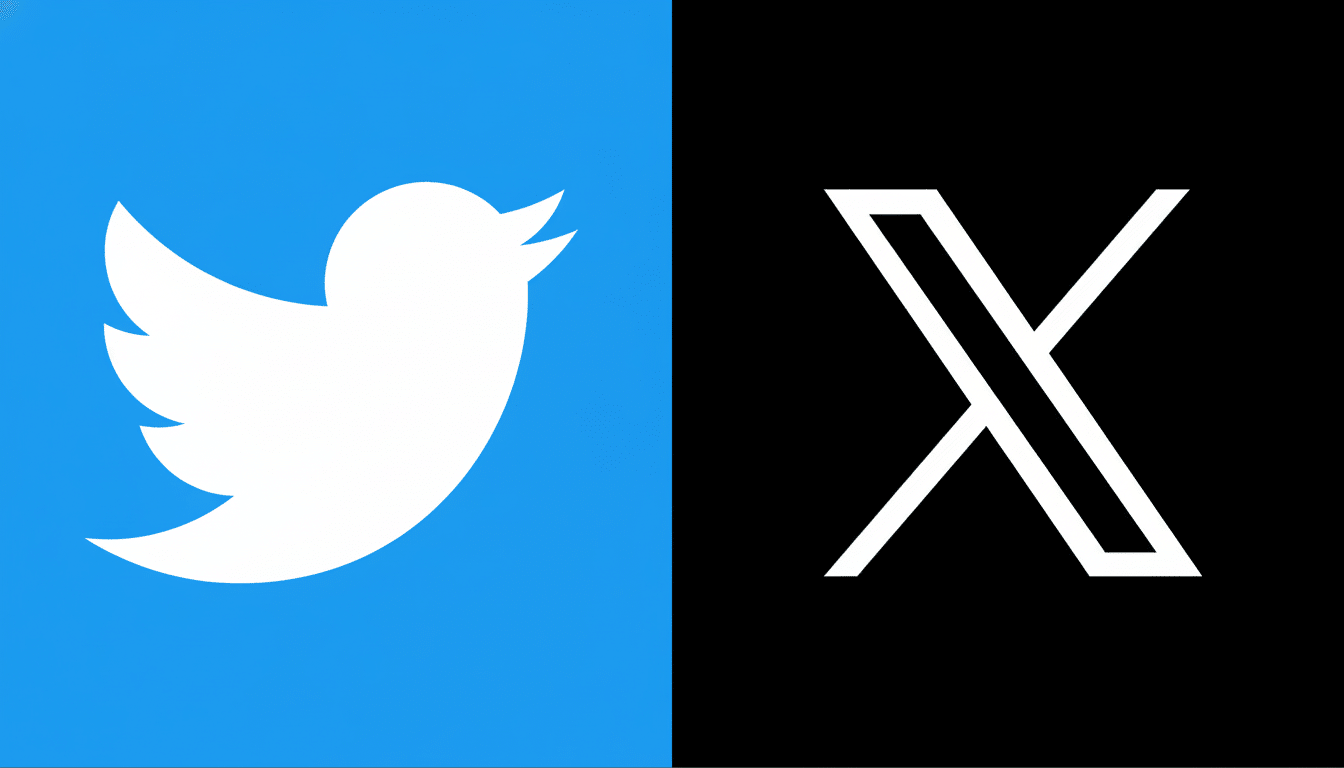 A split image showing the Twitter bird logo on a blue background and the X logo on a black background. Filename : twitterx logocomparison .png