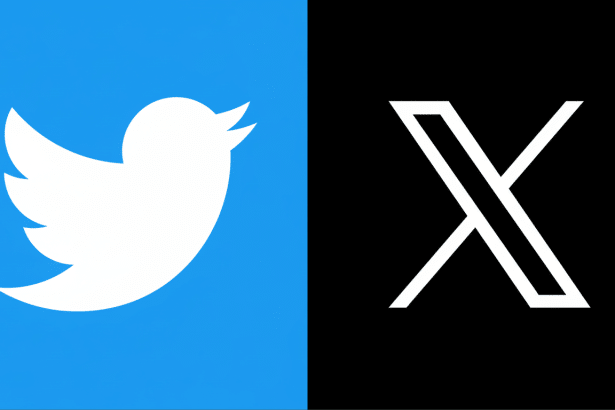 The former Twitter bird logo on a blue background next to the X logo on a black background .