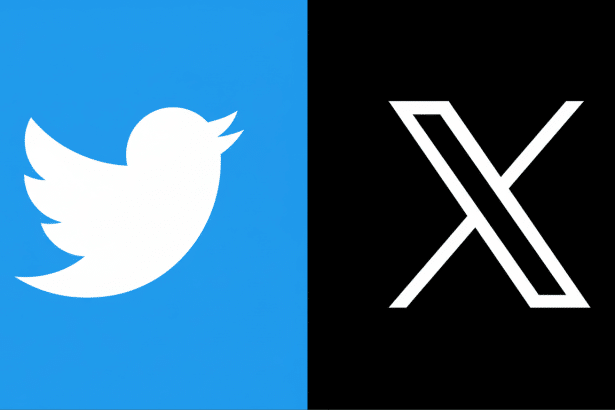 Twitter bird logo on a blue background next to the X logo on a black background, resized to 16 :9.