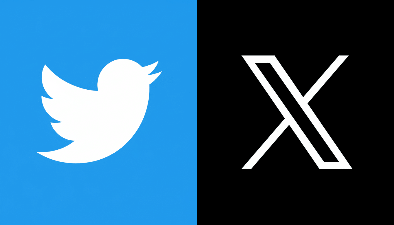 Twitter bird logo on a blue background next to the X logo on a black background, resized to 16 :9.
