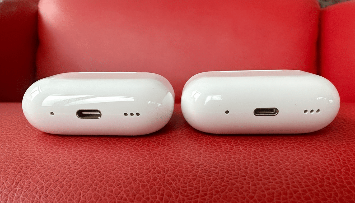Two white AirPods Pro charging cases, side -by-side, showcasing their USB-C ports on a red textured background.
