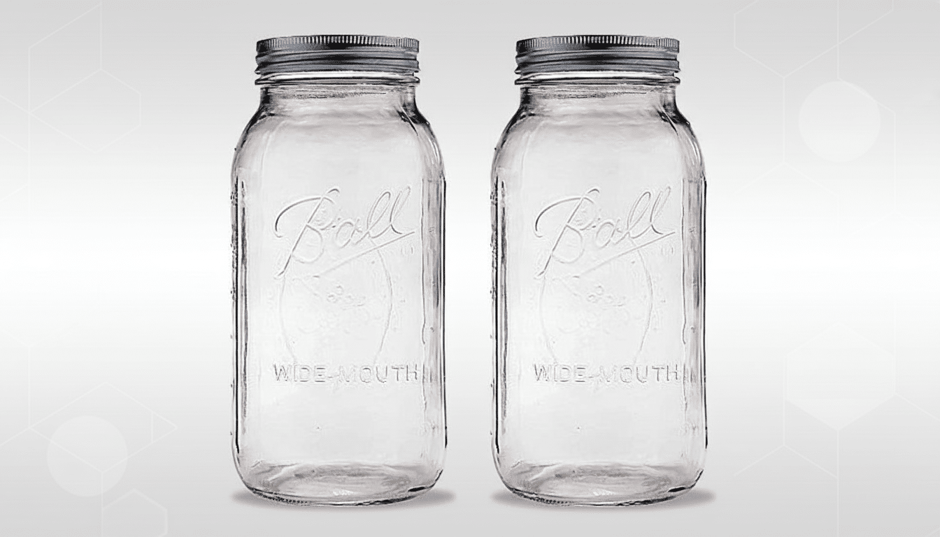 The Ball Wide-Mouth jars are made of clear glass with a professional flat design background showcasi