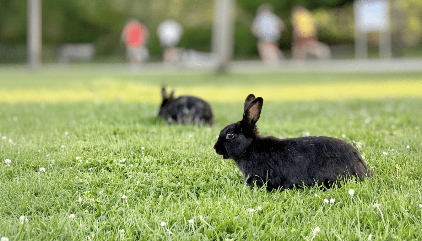 Two black rabbits in a grassy field with people blurred in the background, resized to a 16: 9 aspect ratio.