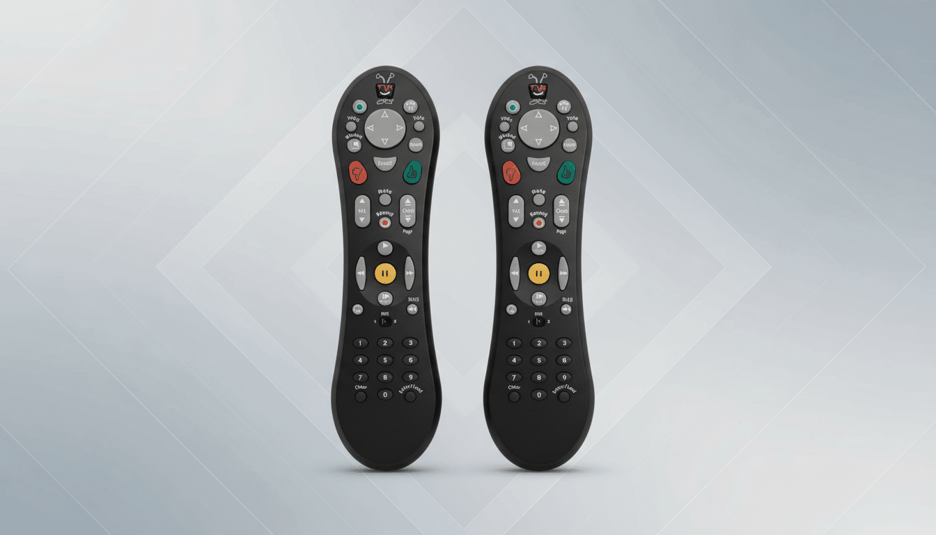 Two black remote controls, identical in design and button layout, are presented side-by- side on a light gray background with a subtle geometric pattern. The rem otes feature various buttons for navigation , channel control, volume, and DVR functions, with prominent red, green , and yellow buttons . The background is a gradient from light to medium gray, enhancing the professional and clean presentation of the remotes.