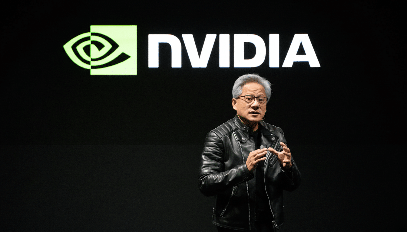 Jensen Huang, CEO of Nvidia, speaking on stage with the Nvidia logo visible in the background.