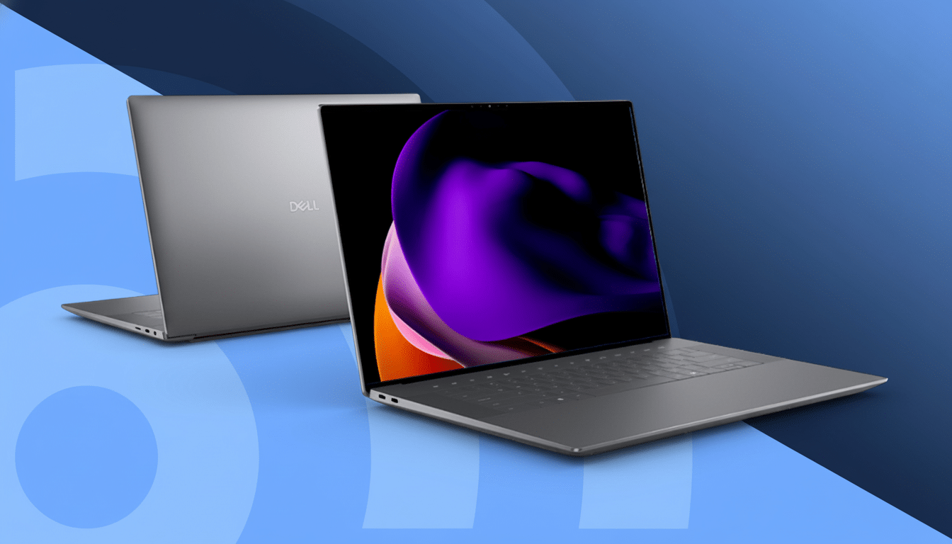 Two Dell laptops, one open with a purple and orange abstract image on the screen, and another closed laptop behind it, all set against a blue background with a subtle geometric pattern.