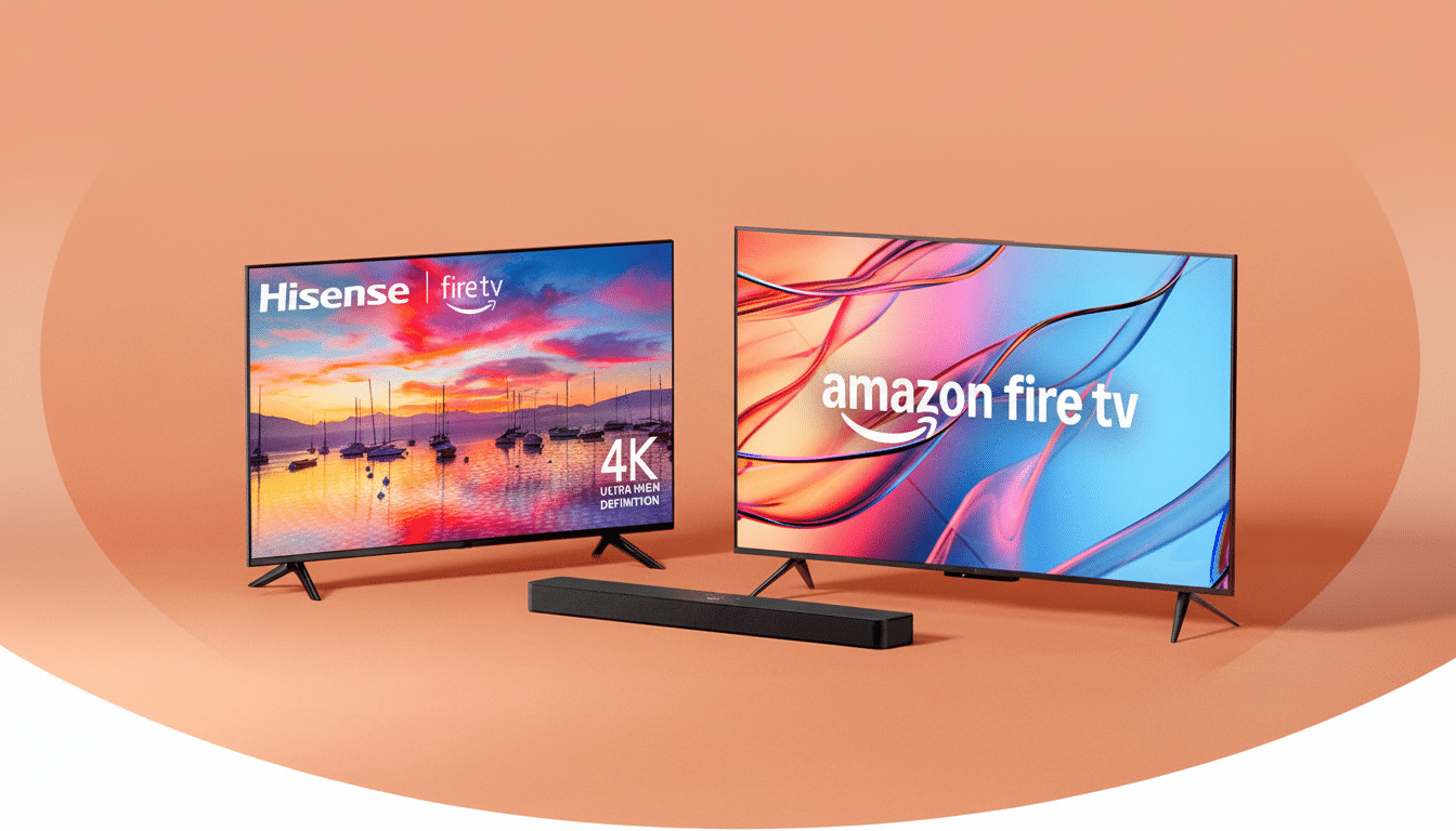 Two flat -screen TVs, one Hisense Fire TV and one Amazon Fire TV, with a sound bar in front, set against a solid orange background.